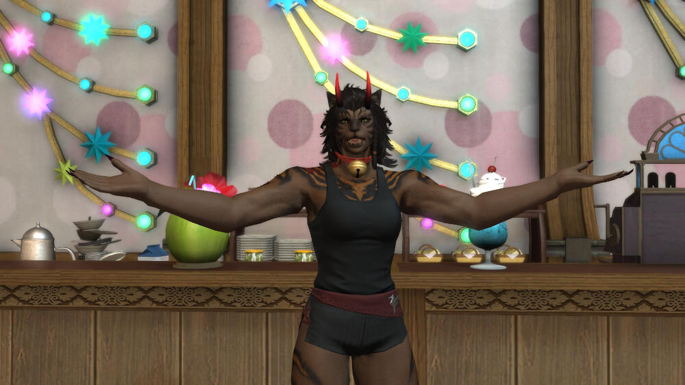 A brown furred female hrothgar stands in front of a counter with her arms outstretched in greeting. Welcome!